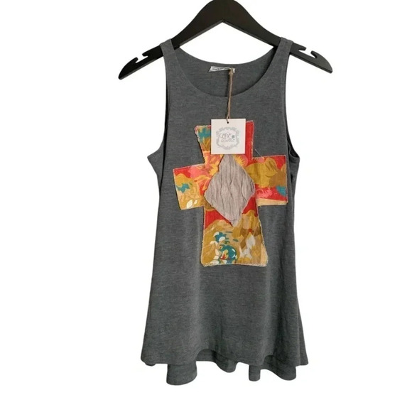 NWT Lost Petal Linen Gray Women's Tank Size Small Patchwork Cross Swing Top - Picture 5 of 10